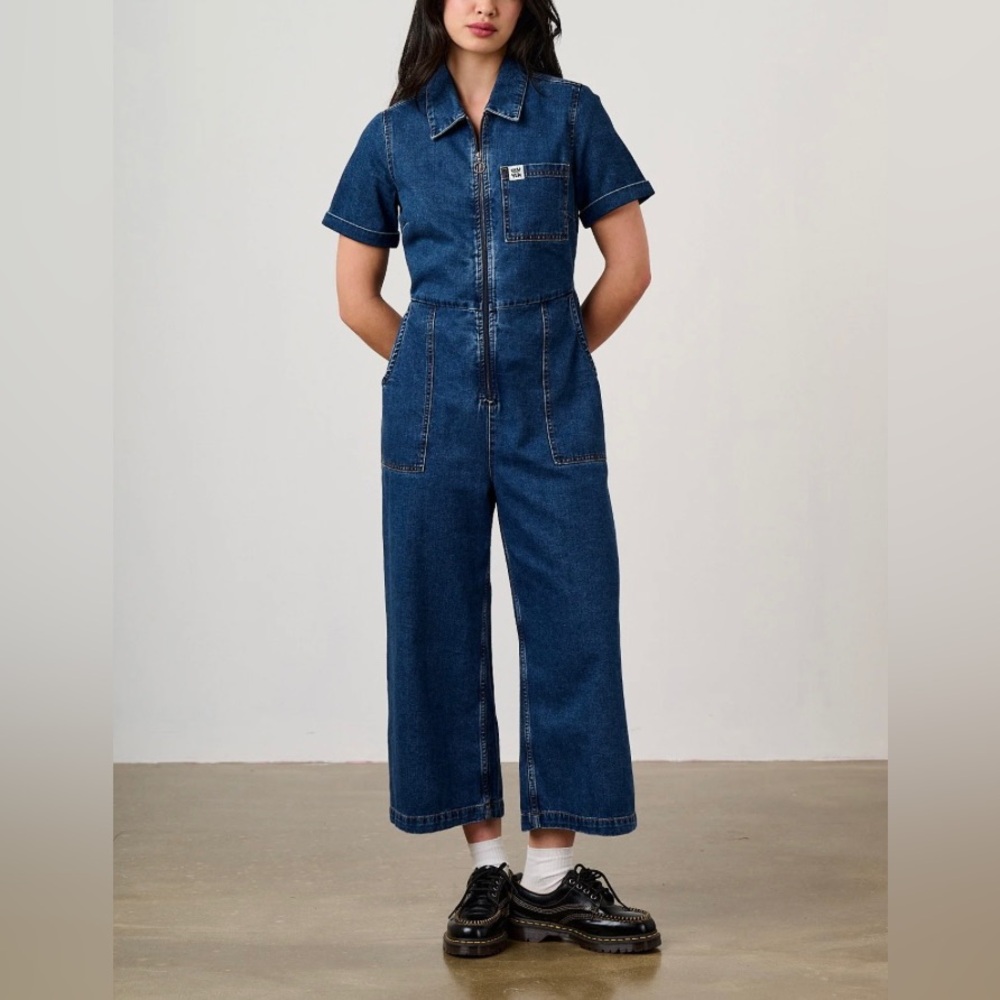 Lucy & Yak Blue Ragan Denim Jumpsuit Women Sz 10 Wide Leg Utility Workwear Y2k